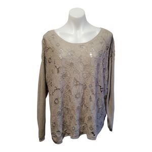 J.Jill Womens XL Linen Blend Tan Floral Crochet Cutout Long Sleeve Sweater Top